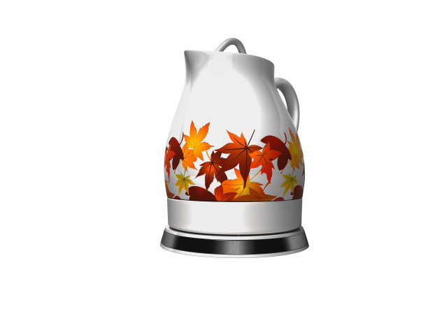 3D渲染陶瓷电热水壶与金属支架在白色背景上没有阴影图片下载