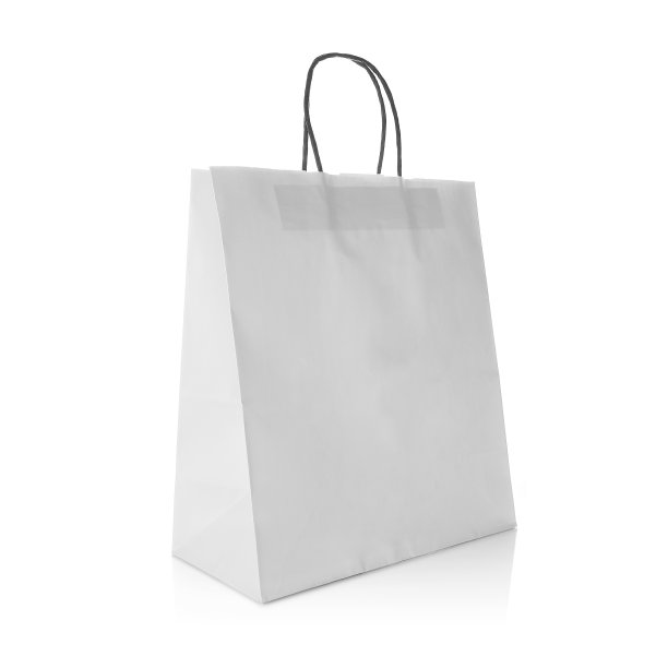 白色环保纸袋与处理孤立在白色背景。可重复使用的购物袋。图片下载