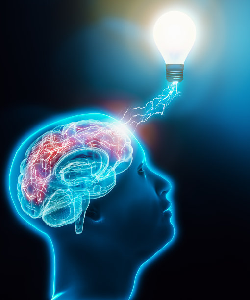 人类男性的头部向上看，大脑连接着一个带有闪电的灯泡。大脑活动，智力，想象力，想法，神经科学，创造力，创造性概念三维渲染插图。图片下载