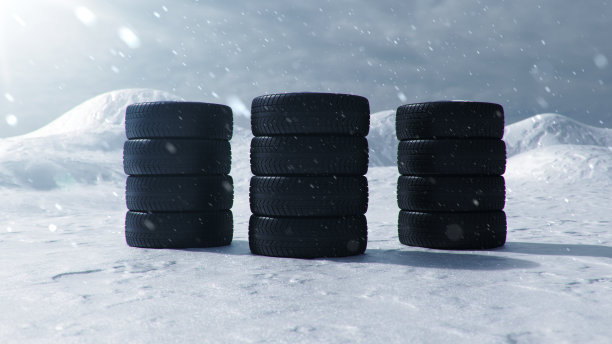 冬季轮胎上的背景是暴风雪，雪和滑的冬季道路。冬用轮胎的概念。概念轮胎，冬季胎面。轮更换。道路安全。3d插图与飘落的雪图片下载