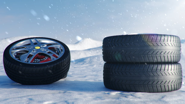 冬季轮胎上的背景是暴风雪，雪和滑的冬季道路。冬用轮胎的概念。概念轮胎，冬季胎面。轮更换。道路安全。3d插图与飘落的雪图片下载