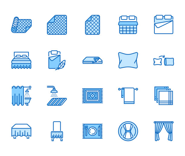 亚麻平线图标集。卧室纺织毛毯、床垫套、枕头、枕套、手帕、毛巾矢量插图。轮廓标志室内商店。像素完美的64x64可编辑的描边图片下载