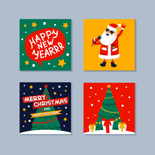 新年快乐迷你贺卡。唱着圣诞老人的歌，送着礼物，在圣诞树上题词新年快乐。圣诞贺卡。平面风格矢量插图图片下载
