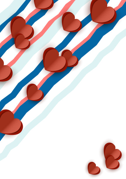 明亮抽象的浪漫设计。许多剪纸心，彩色波浪条纹在白色的背景。图片下载