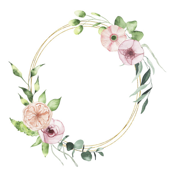 水彩情人节花与玫瑰绿叶几何椭圆形花环素材图片