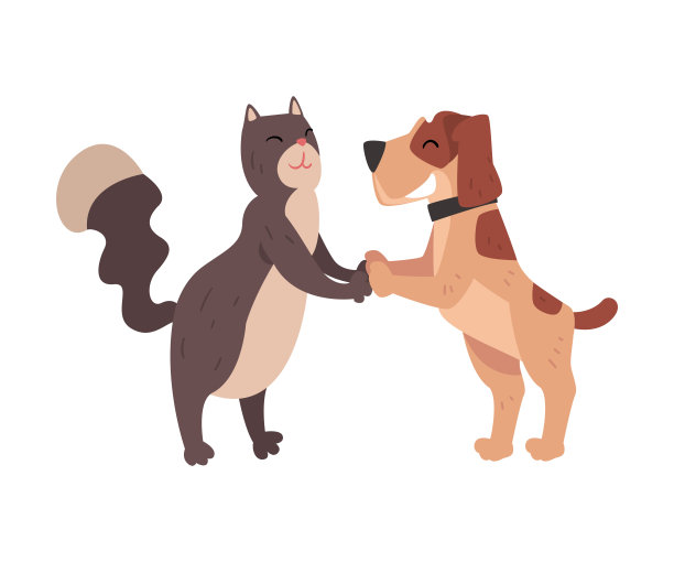 有趣的猫和狗抱爪子，快乐的宠物动物角色是最好的朋友矢量插图图片下载