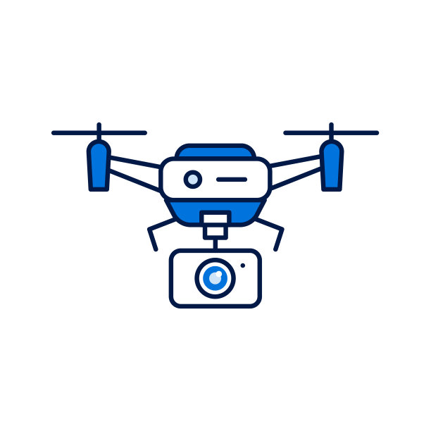无人机用摄像头自动控制无人驾驶彩色线图标。飞机设备的概念。四轴飞行器的监控录像，从高处拍摄。登录网页、手机应用、社交媒体。图片下载