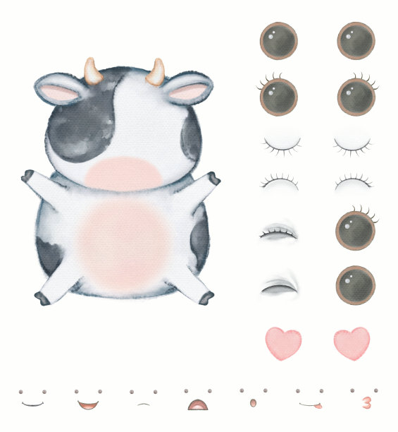 水彩画的构造者与搞笑的奶牛有着不同的情感图片下载