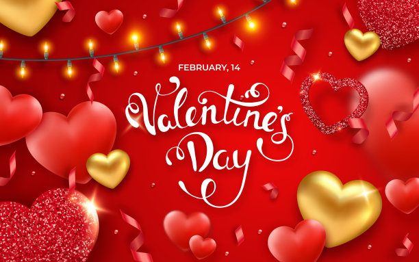 情人节的背景有红色和金色的心，丝带，灯和字母。红色背景的节日贺卡插图。闪闪发光的心与闪闪发光的纹理图片下载