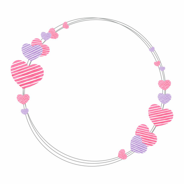 细精致的圆形花环形框架与条纹粉色丁香心隔离在白色背景假日和婚礼设计图片下载