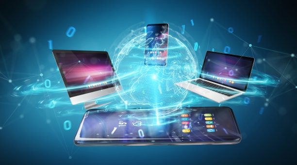 现代设备在蓝色背景3D渲染中彼此连接图片下载