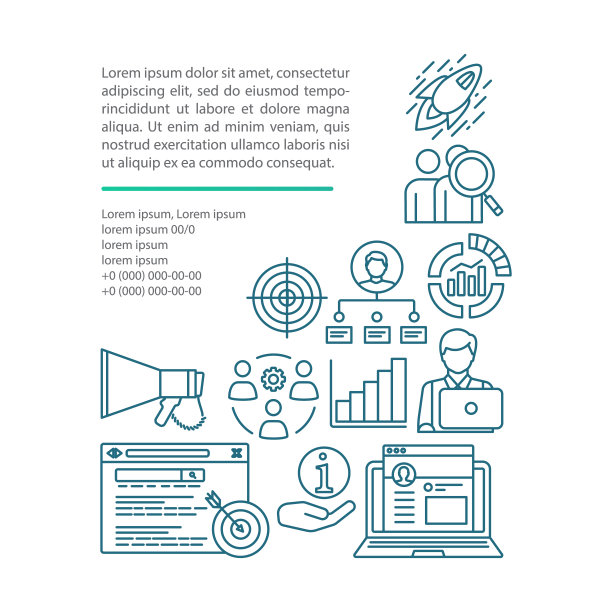 评估文章页向量模板。宣传册，杂志，小册子设计元素与线性图标和文本框。数字营销平面设计。带有文本空间的概念插图图片下载