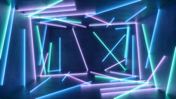 抽象的室内与蓝色和粉红色霓虹灯。日光灯。未来建筑的背景。3d插画霓虹灯，照亮室内空间。模型为您的设计项目图片下载