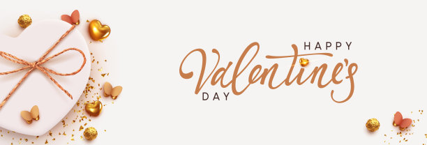 情人节横幅。背景与现实礼盒。浪漫的礼物。白色盒子与麻花缎带蝴蝶结，礼物惊喜。金色3d心形，金色五彩纸屑装饰飞舞的蝴蝶图片下载