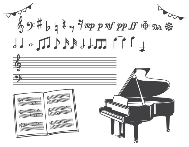 三角钢琴和一套乐谱。图片下载