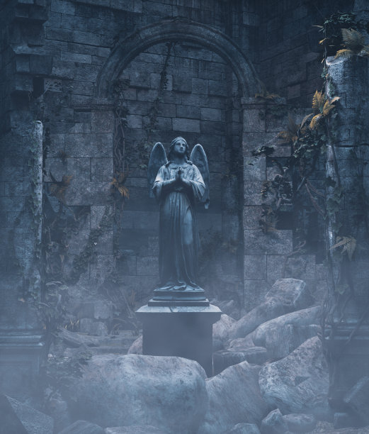 废墟中的天使雕像，3d渲染图片下载