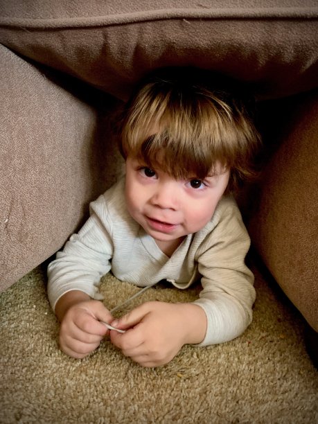 两岁的卷发小男孩躲在沙发垫上，对着镜头调皮地微笑图片下载