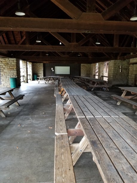 州立公园庇护所里的野餐桌排得很长图片下载