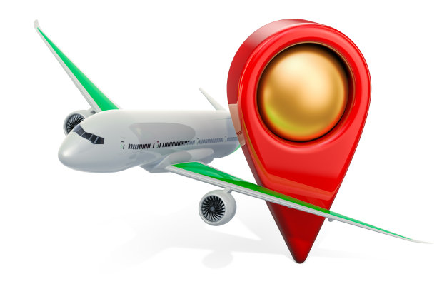 机场位置的概念。地图指针与飞机，3D渲染隔离在白色背景图片下载