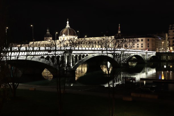 里昂的Hôtel Dieu夜间医院和Rhône上的Wilson桥图片下载