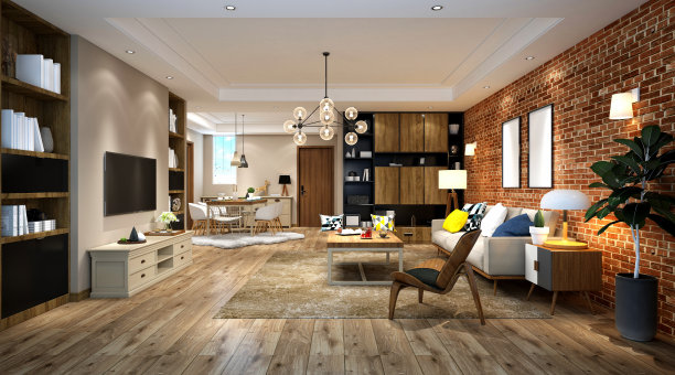 北欧风格客厅的3d渲染图片下载