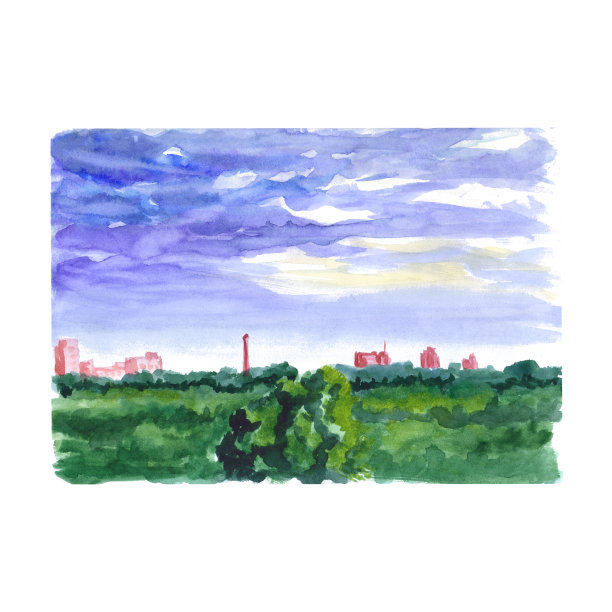 水彩景观与地平线与树的顶部和建筑物的顶部。素材图片