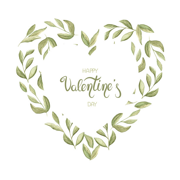 水彩画的心由绿色沼泽的树枝与树叶在白色的背景图片下载