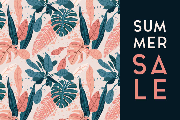 夏季热带背景与外来棕榈叶和植物。销售促销的设计。向量的背景。图片下载