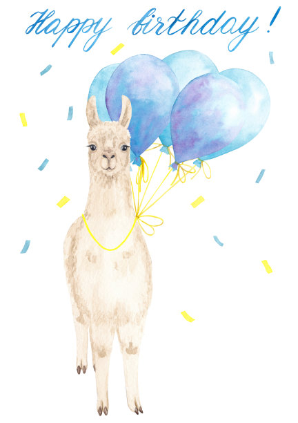 印有水彩画羊驼和蓝色气球的卡片素材图片