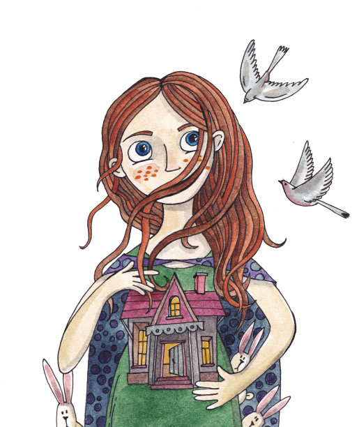 水彩插图与一个女孩，一个女孩发展头发和一个女孩拿着一个娃娃屋素材图片