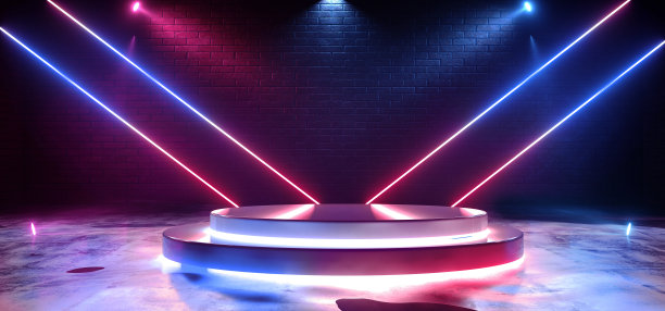 霓虹未来科幻激光束紫色蓝色充满活力的舞台讲台砖混凝土俱乐部舞蹈之夜黑暗空的网络工作室聚光灯背景3D渲染图片下载