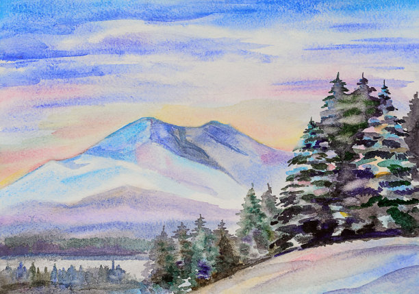 水彩手绘插画的冬季山景观与圣诞树素材图片