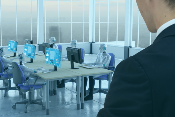 3d渲染机器人在办公室工作，增强现实显示和控制由人类官员图片下载