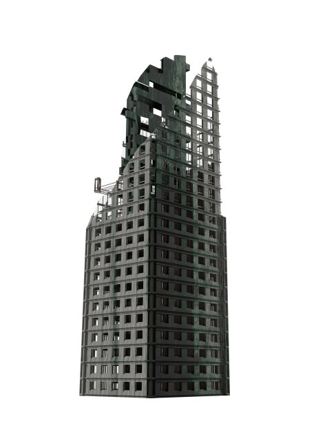 被毁的摩天大楼，高耸的反乌托邦建筑孤立在白色背景上图片下载