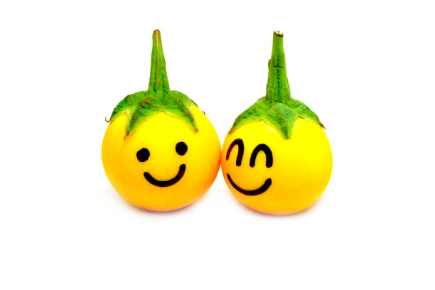 黄茄子用脸隔离情绪。鲜泰国茄子或茄子类蔬菜，白色背景纹理。饮食设计。图片下载