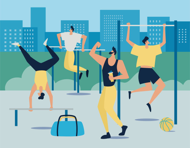 男子在户外锻炼，在体育活动区进行身体活动，男子进行不同的训练。在运动器材上锻炼。图片下载