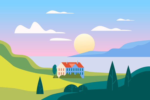 夏天的海边风景。大海，海洋，自然，小山，田野，山脉，蓝天，云，太阳，房子，乡村。绿树和草的农村土地。平面卡通时尚风格矢量插图素材图片