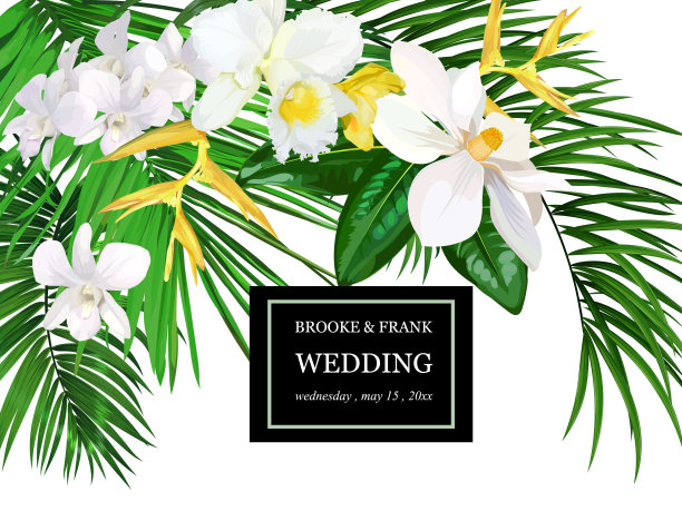 婚礼请柬有热带花卉，兰花，木兰和棕榈，怪兽叶图片下载