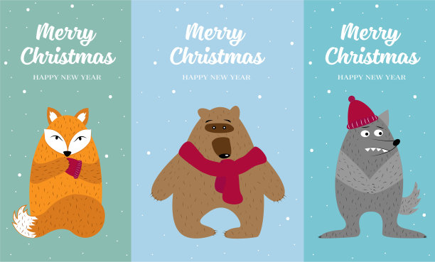 卡通狐狸，狼，熊的雪地背景。圣诞快乐的明信片。手绘的风格图片下载
