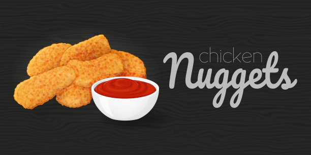 美味的鸡块与蕃茄酱在木黑的背景。水平飞行。对象用于包装、广告、菜单。矢量插图。快餐。卡通风格。图片下载