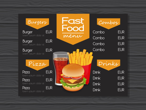 快餐菜单上的木材背景。模板。卡通风格。矢量插图。孤立在白色的。对象用于包装、广告、菜单。图片下载