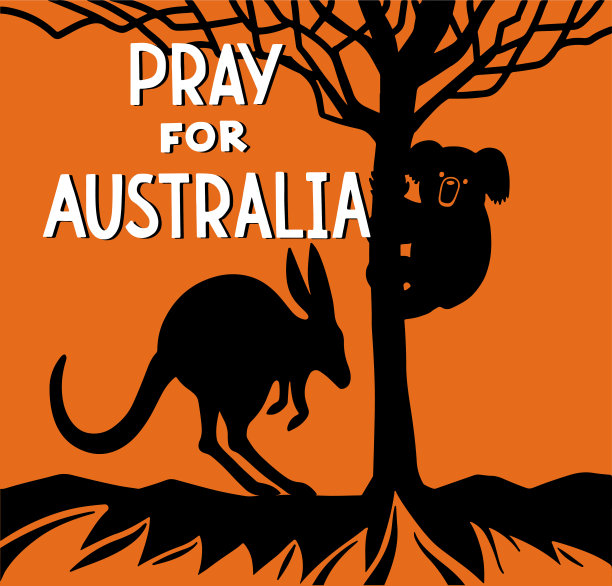 手绘矢量图，以野生动物考拉、袋鼠和树的剪影为澳洲祈祷，背景为橙色。图片下载