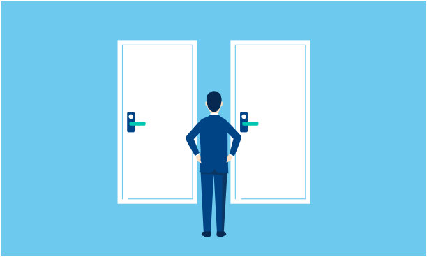 两个选择图像，商人站在前面两扇门，矢量投影，蓝色背景图片下载