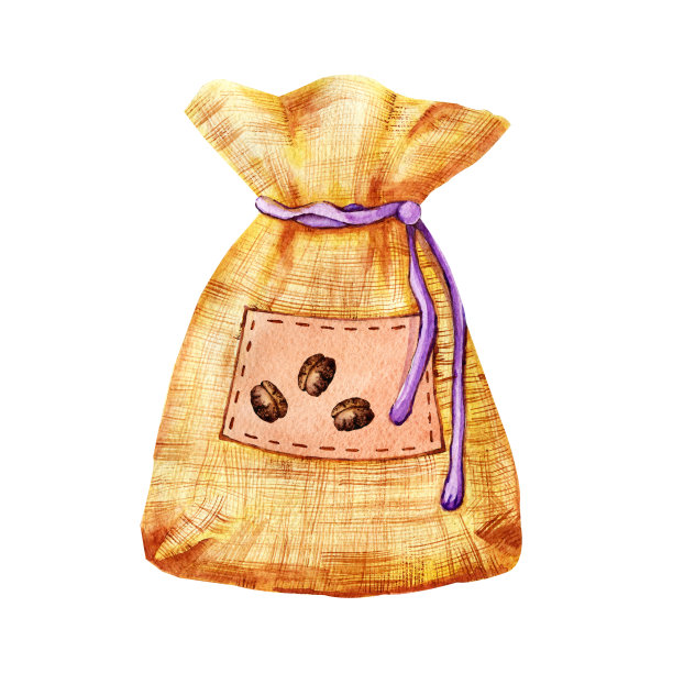 一袋装着咖啡豆的布，用绳子绑着。手工制作的水彩和图形插图孤立在白色背景的设计咖啡概念。图片下载