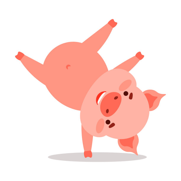 可爱的粉红色小猪角色倒立在一只胳膊上。矢量插图孤立在白色背景图片下载