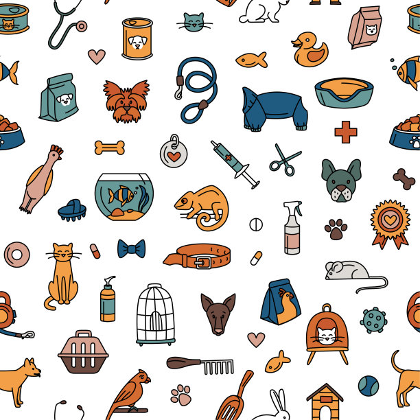 宠物店的狗、猫、鸟等家畜图案无缝衔接图片下载