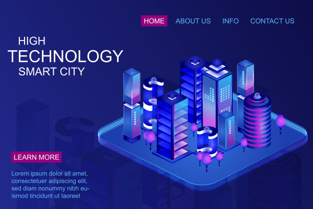 拥有商业中心摩天大楼的智慧城市。等距插图。聪明的智能建筑。计算机区块链网络模型。物联网概念矢量插图图片下载