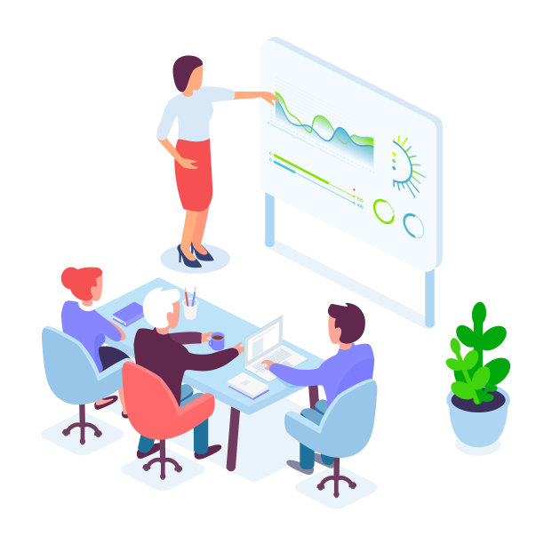 女性演讲者在商务会议期间用办公室矢量图为同事做演示。图片下载