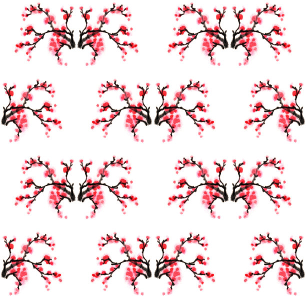 模式。盛开的枝五月李树，樱花。墨水的图形图像。东方，中国，日本，韩国风格。一套墨花。图片下载