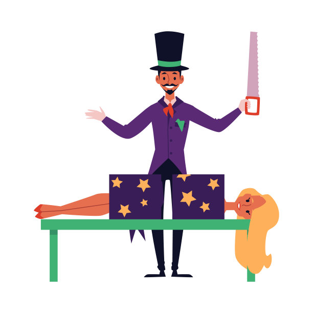 卡通魔术师在锯女人的半魔术表演中表演魔术图片下载